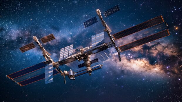 The International Space Station against the backdrop of the Milky Way galaxy, showcasing the vastness of space desktop HD wallpaper.