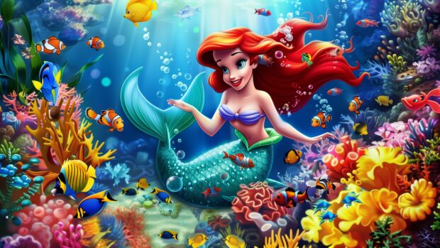 The Little Mermaid 4K Wallpaper with an Ariel swimming joyfully among colorful fish and coral reefs.