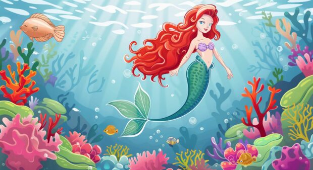 The Little Mermaid Background with a beautiful mermaid swimming gracefully through an underwater coral reef.
