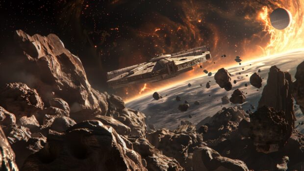 The Millennium Falcon flying through an asteroid field, dodging large rocks with stars and distant planets in the background.