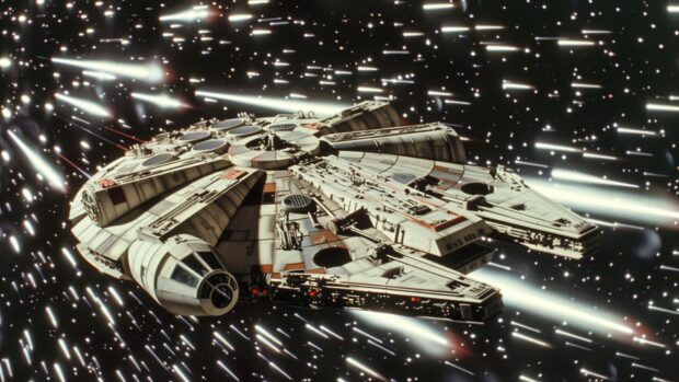The iconic scene of the Millennium Falcon jumping to hyperspace, with stars stretching into lines and a sense of incredible speed, Star Wars space background.