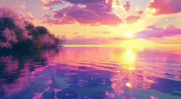 Tranquil lake with colorful reflections and a peaceful atmosphere, Sunset HD Wallpaper.