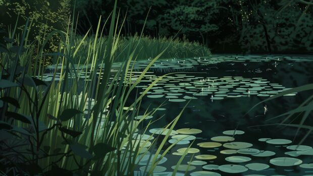 Tranquil pond surrounded by reeds, dragonflies, soft evening light 4.