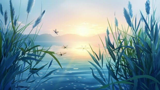 Tranquil pond surrounded by reeds, dragonflies, soft evening light, Nature Wallpaper.