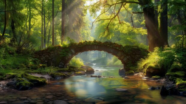 Tranquil river with a stone bridge and lush greenery, Sunset Desktop HD Wallpaper.