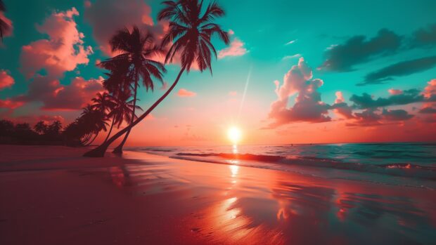 Tropical Beach wallpaper 4K with a breathtaking sunset over a beach with palm trees silhouetted against the vibrant sky.