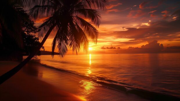 Tropical Beach wallpaper, A sunset over a tropical beach with palm trees silhouetted against the sky.