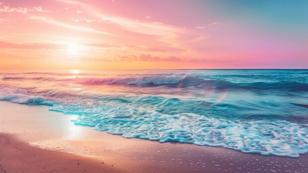 Tropical beach at sunset, colorful sky, gentle waves lapping the shore, Beautiful Beach Desktop Wallpaper HD.