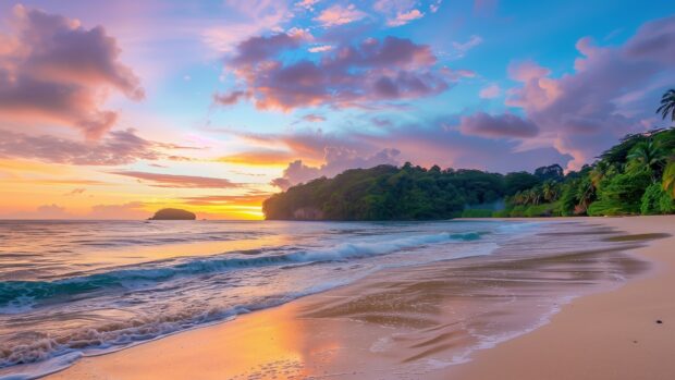 Tropical beach at sunset, colorful sky, gentle waves lapping the shore, Nature background HD desktop.