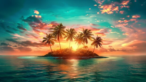 Tropical island with palm trees and turquoise water, Sunset Desktop 4K Wallpaper.