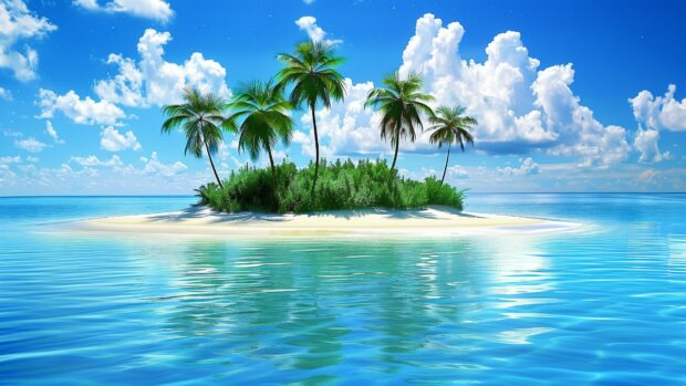 Tropical island with palm trees, white sand beach, turquoise water, Nature Wallpaper HD for PC.