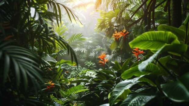 Tropical rainforest with dense greenery, vibrant flowers, and exotic birds, Nature Wallpaper desktop background.