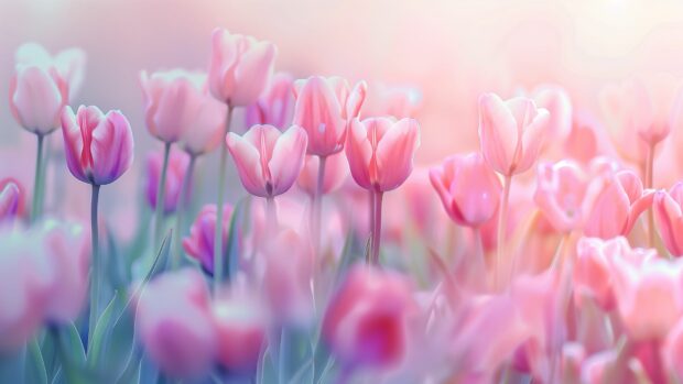 Tulip flower field soft pastel background, cool image for desktop wallpaper.
