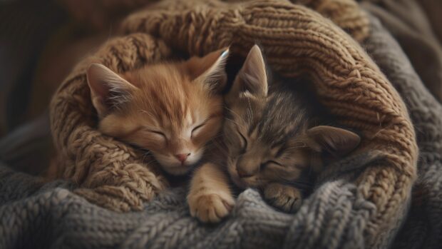 Two cute cats napping in a cozy blanket, 4K HD Wallpaper.