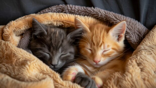 Two cute cats napping in a cozy blanket, 4K photography.