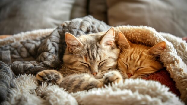 Two cute cats napping in a cozy blanket, High quality photography.