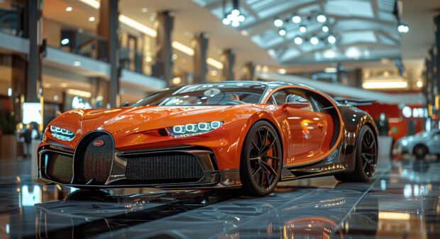 Ultra realistic photography of bugatti car parked in car showroom.