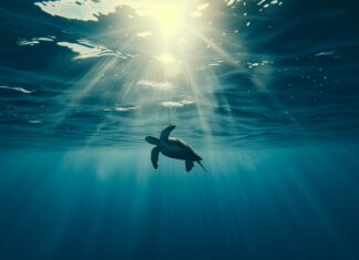 Underwater ocean view with a majestic sea turtle gliding.