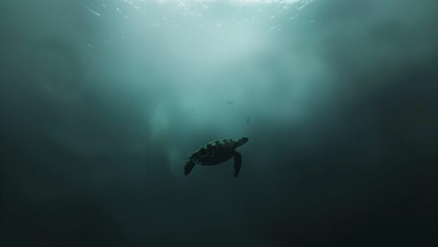 Underwater ocean wallpaper 4K view with a majestic sea turtle gliding by.