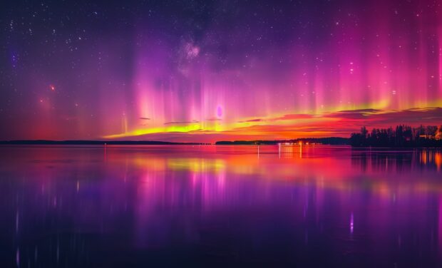 Vibrant Northern Lights over a calm lake, reflecting in the water.