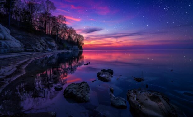 Vibrant Northern Lights over a calm lake, reflecting in the water.