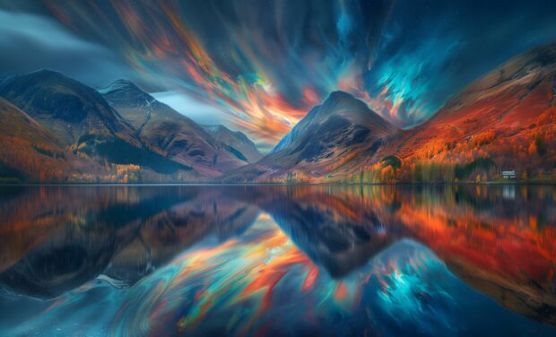 Vibrant Northern Lights over a calm lake, reflecting in the water, Beautiful Desktop Wallpaper.