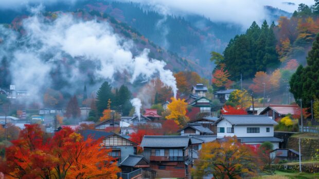 Village in fall wallpaper 4K, surrounded by colorful trees, with cozy cottages and smoke rising from chimneys.