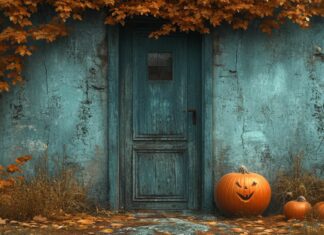 Vintage Halloween House with slit open door, childrens peeping, two pumpkins the the poarch.