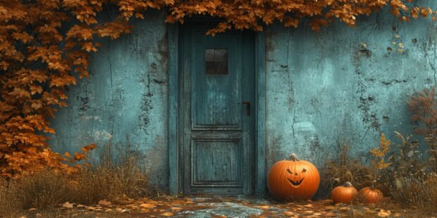Vintage Halloween House with slit open door, childrens peeping, two pumpkins the the poarch.