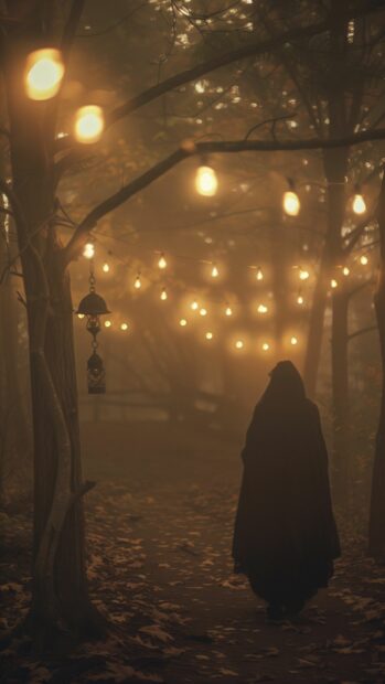 Vintage Halloween Wallpaper HD with a ghostly figure walking through a foggy forest with old lanterns hanging from the trees.