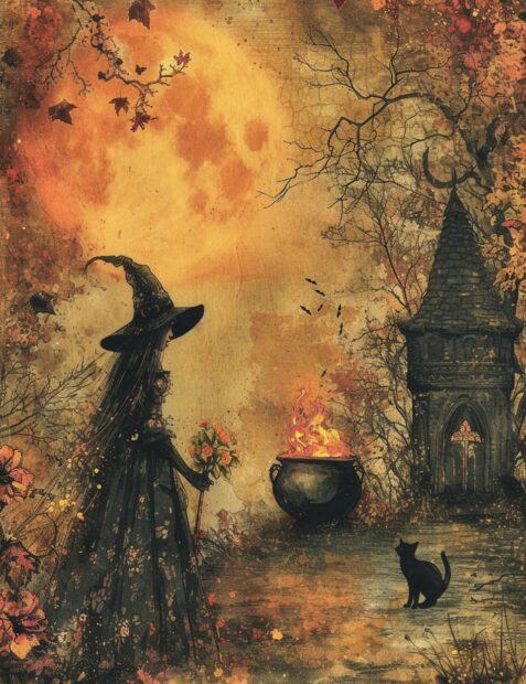 Vintage Halloween Wallpaper with a beautiful witch and a black cat near a cauldron, full moon.