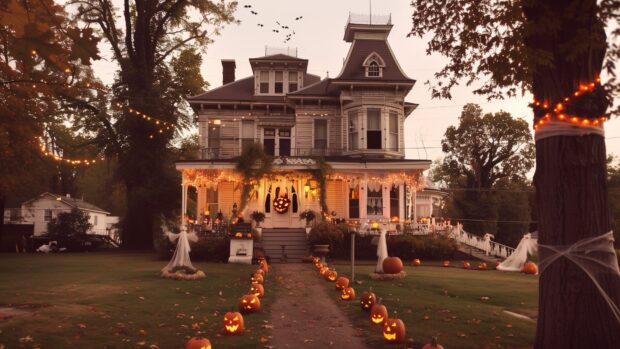 Vintage Halloween Wallpaper with a classic haunted house with cobwebs and old fashioned jack o lanterns.