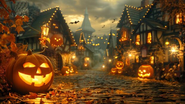 Vintage Halloween Wallpaper with a quaint village street decorated for Halloween with vintage lanterns and pumpkins.