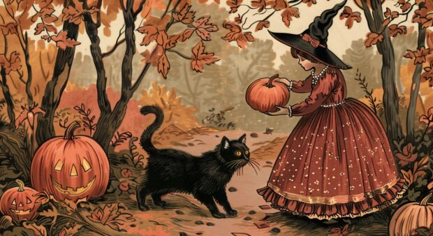 Vintage Halloween postcards featuring witches, black cat, and pumpkins.