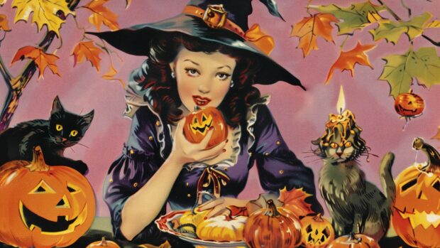 Vintage Halloween postcards featuring witches, black cats, and pumpkins.