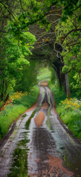 Wallpaper for iPhone 15 Pro Max with a country road lined with colorful spring flowers and lush greenery.