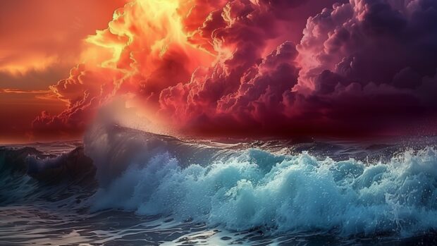Waves crashing against a rocky coastline under a dramatic sky.
