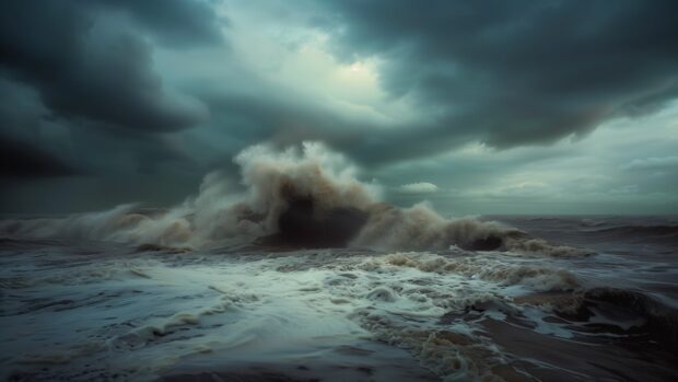 Waves crashing in a tumultuous ocean storm under dark clouds.
