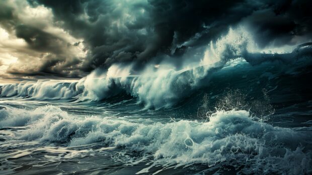 Waves crashing in a tumultuous ocean storm under dark clouds.