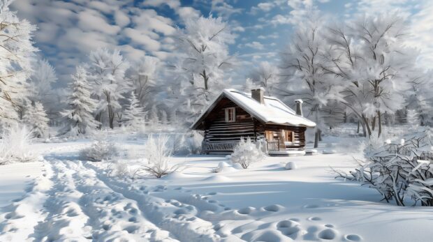 Winter wonderland with snow covered trees and a cool cozy cabin.