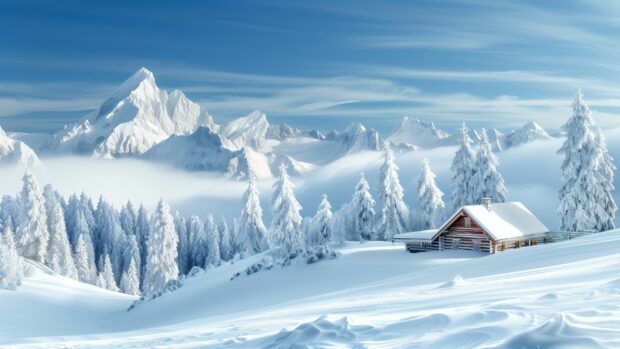 Winter wonderland with snow covered trees and a cool cozy cabin HD laptop wallpaper.