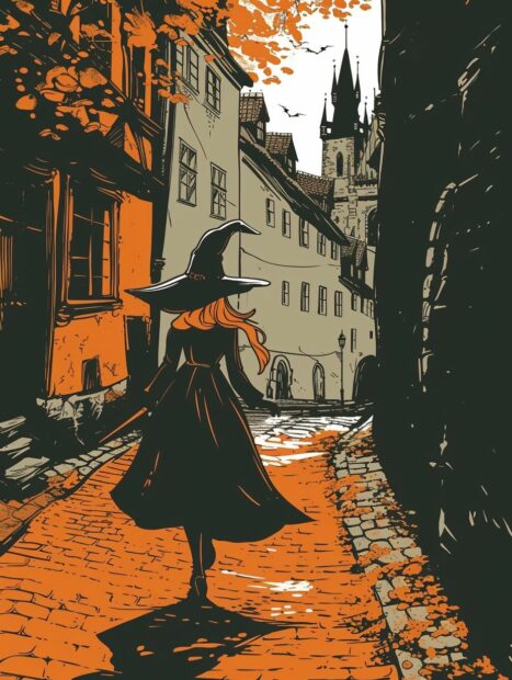Witch walking through Prague, vintage comic style, 1960s comics style.