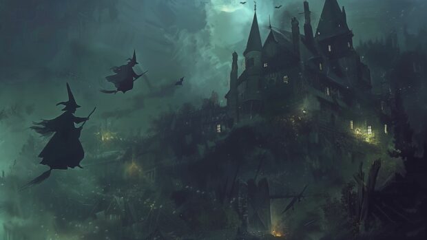 Witches flying on broomsticks above a haunted castle.