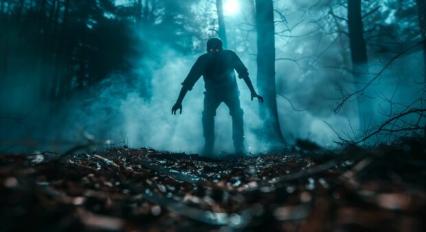 Zombie rising from the ground in a dark forest.