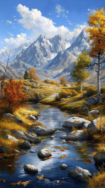 iPhone wallpaper with a scenic mountain landscape in fall.