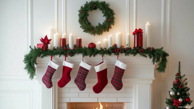 1920x1090 Christmas Image with stockings, garlands, and candles, featuring a wreath and a few ornaments for a festive touch.