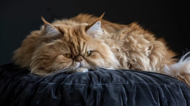 2K cat Desktop Wallpaper with a fluffy Persian cat lounging gracefully on a velvet cushion.