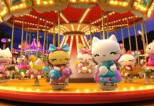 3D Hello Kitty and friends on a carousel, with bright lights and fun carnival rides in the background.