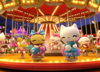 3D Hello Kitty and friends on a carousel, with bright lights and fun carnival rides in the background.