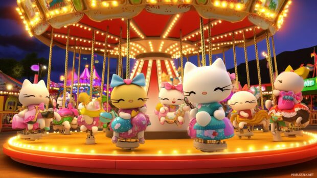 3D Hello Kitty and friends on a carousel, with bright lights and fun carnival rides in the background.